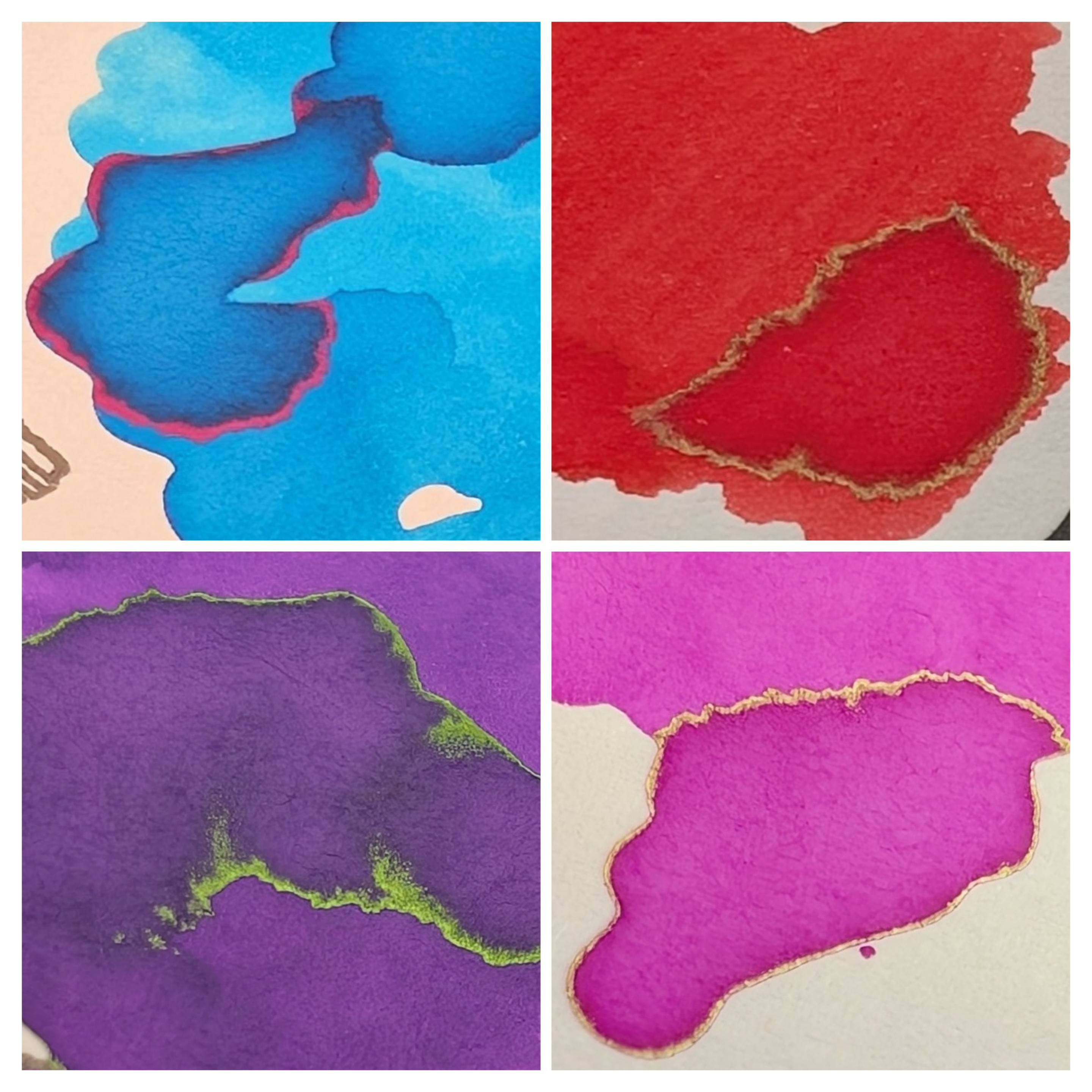 Close up photo of the ink swatches showing sheen: - Turquoise ink with bright red sheen - Red ink with greenish-gold sheen - Purple ink with green sheen - Pink ink with gold sheen