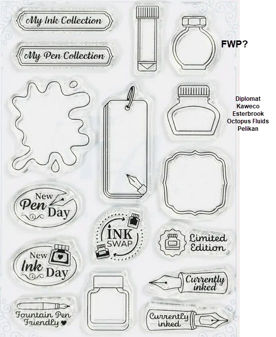 Numerous outline stamps on a sheet with a lot of different designs and phrases. Of interest are two bottles in the upper right. The top is round with a faceted top and is labeled "FWP?" The second bottle has a wide rectangle shape with wide shoulders and narrower bottom. It is labeled "Diplomat, Kaweco, Esterbrook, Octopus Fluids, Pelikan"