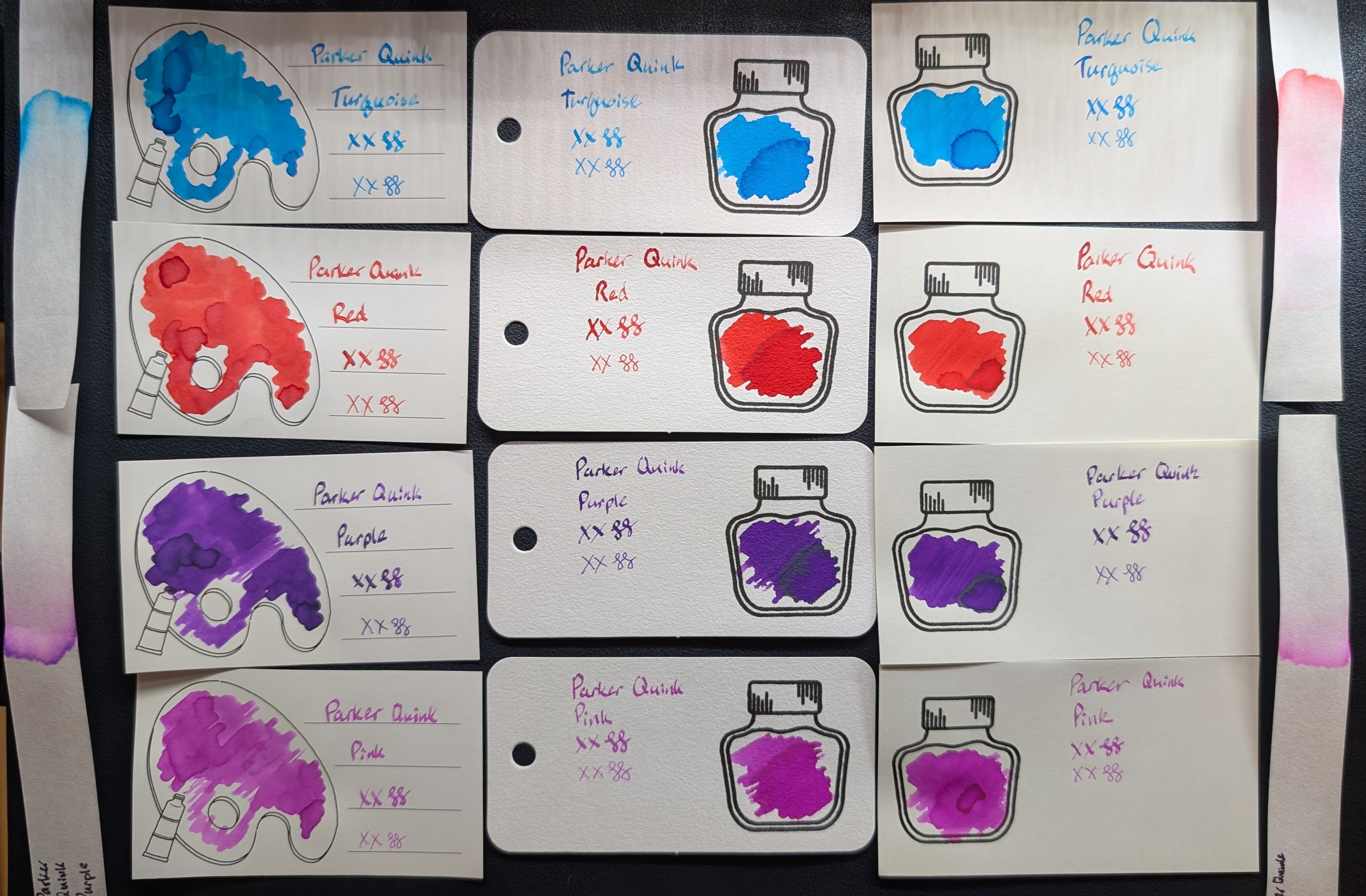 Photo of swatch cards and chromatography strips for four inks under natural light. Each ink is swatched on three types of cards: Iroful, Col-o-ring, and Midori MD. The colors are fairly even across all paper types, and chromatography doesn't reveal anything surprising, just the base hues. From top to bottom the inks are: - Parker Quink Turquoise: Vibrant bright turquoise ink with some red sheen in large swatches. - Parker Quink Red: Bright red ink with a tiny smidge of greenish-gold sheen in large swatches. - Parker Quink Purple: Very grape-like purple ink with lots of green sheen in large swatches. - Parker Quink Pink: Bright pink/fuchsia ink with a little gold sheen in large swatches.