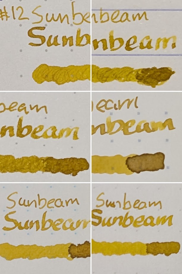 Collage of six photos of text on paper. Each photo consists of: - "Sunbeam" written with an EF nib - "Sunbeam" written with a stub nib - A swirl of ink made with a glass dip pen The ink color is the same for all: A dark yellow-brown. In areas where ink has pooled, the color is darker and much more brown. From the top left, the papers are: - Maruman Mnemosyne - Clairefontaine Triomphe - Paperage Notebook - Iroful Notebook - Midori MD Notebook - Tomoe River S Kanso