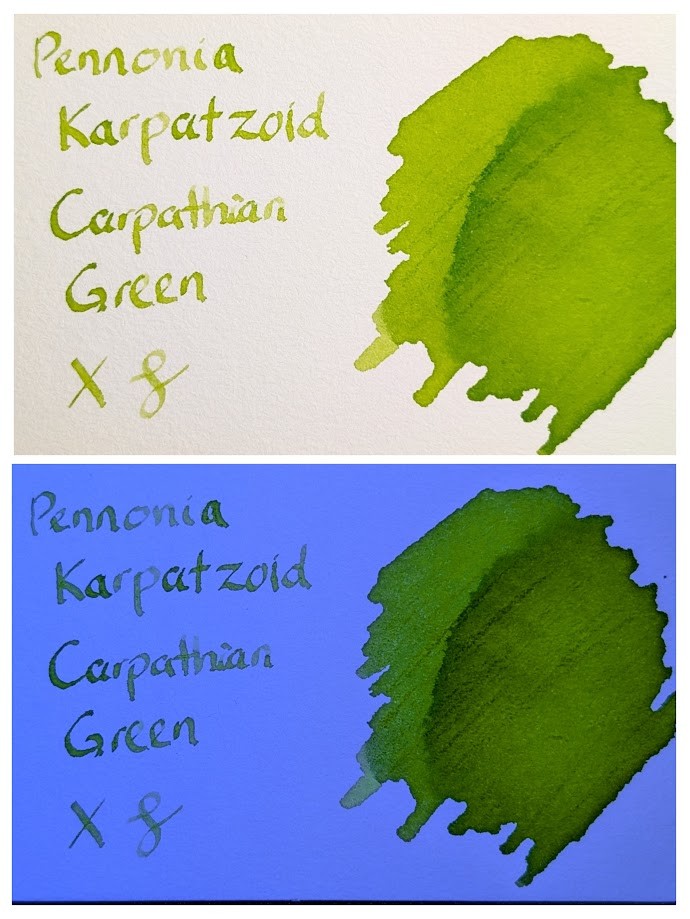 Two photo collage of a col-o-ring swatch card. In both photos, there is a blob of ink on the right with some areas being slightly darker where more ink settled and around the edges. On the left is text reading "Pennonia Karpatzoid Carpathian Green," followed by an "X" and a curlicue. In the top photo, the ink is a light-ish green, similar to the color of grass or other lighter plant leaves. In the bottom photo it is under UV light and the ink is the same general color but glowing more intensely.