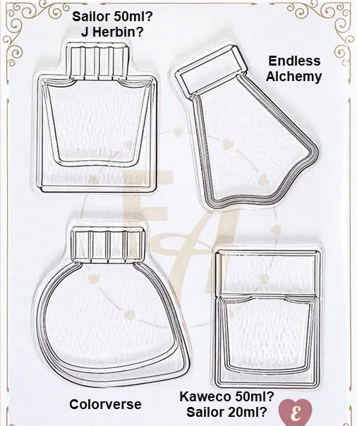 Four ink bottle outline stamps arranged in a two-by-two layout. The sheet is labeled "E" The top left is labeled "Sailor 50ml? J Herbin?" and a square with sharp corners. The top right is labeled "Endless Alchemy" and shaped like a flask sitting at an angle with a bump out the bottom. The bottom left is labeled "Colorverse" and is a round bottle with a tail that looks like a shooting star. The bottom right is labeled "Kaweco 50ml? Sailor 20ml?" and is a rectangle slightly taller than wide with a lid the same width as the bottle.