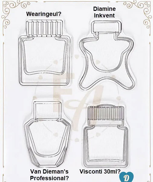 Four ink bottle outline stamps arranged in a two-by-two layout. The sheet is labeled "D" The top left is labeled "Wearingeul?" and is a square-ish bottle with a ridged lid almost as wide as the bottle. The top right is labeled "Diamine Inkvent" and has weird points jutting out the bottom. The bottom left is labeled "Van Dieman's Professional?" and has facets. It has wider angled shoulders and tapers to a skinnier bottom. The bottom right is labeled "Visconti 30ml?" and a tall rectangular shape. The cap has ridges along the top 3/4 and smooth at the bottom. The cap appears to have a round protrusion coming out the top.