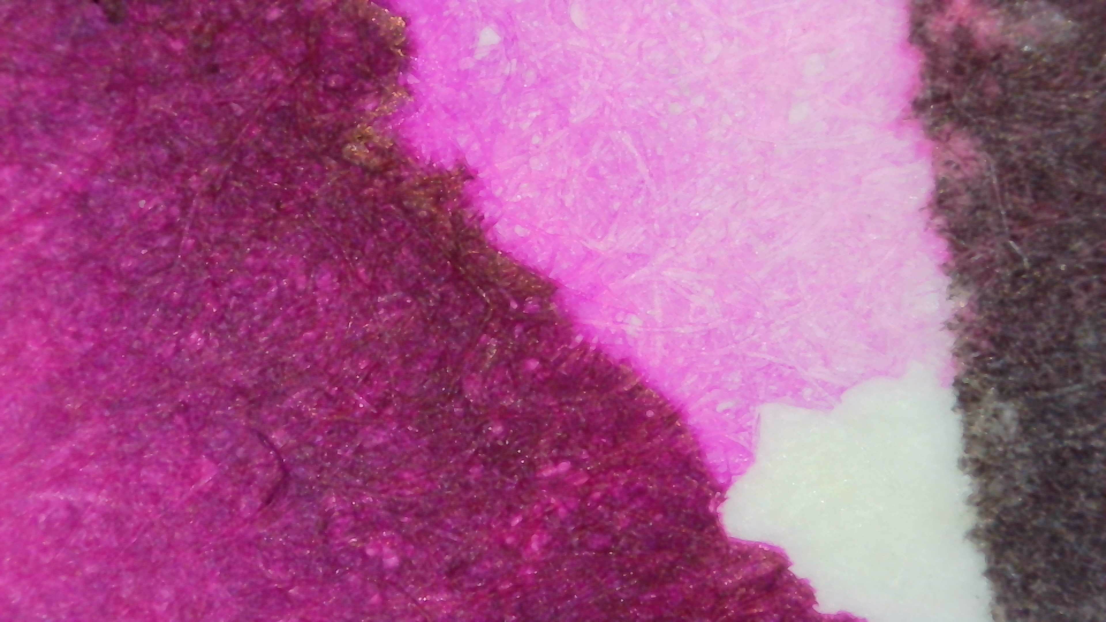 Photo of an ink swatch under magnification. There are two areas, one lighter and one darker. The lighter area is similar to photo 1, while the second is a darker magenta.