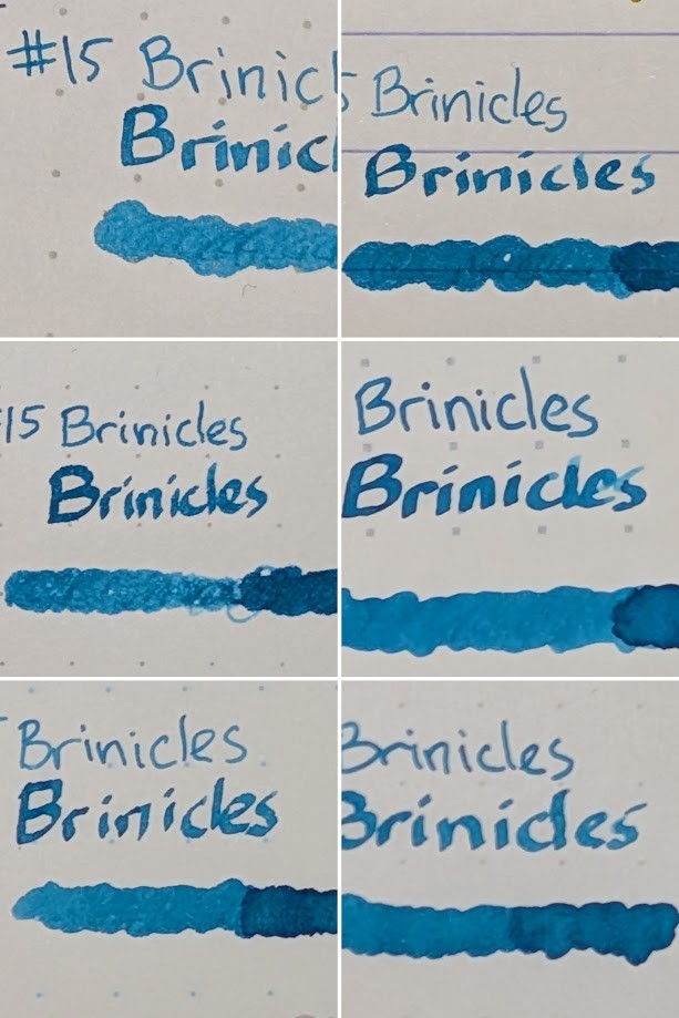 Collage of six photos of text on paper. Each photo consists of: - "Brinicles" written with an EF nib - "Brinicles" written with a stub nib - A swirl of ink made with a glass dip pen The ink color is the same for all, a medium blue-green that shades a little into a darker tone in areas with more ink, and a lighter tone in a few small areas with less ink. From the top left, the papers are: - Maruman Mnemosyne - Clairefontaine Triomphe - Paperage Notebook - Iroful Notebook - Midori MD Notebook - Tomoe River S Kanso
