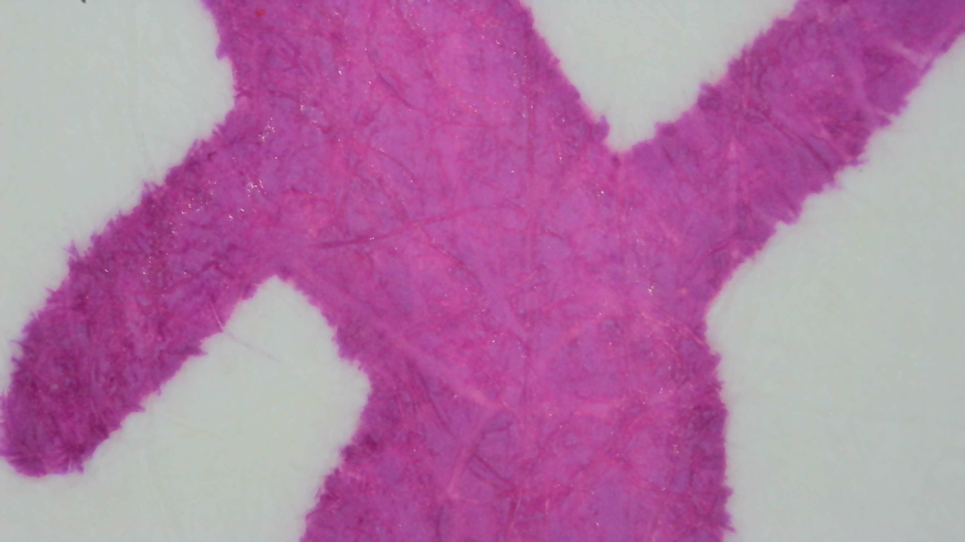 Photo of ink lines on paper under magnification. The ink looks particularly bright magenta / dark pink. Some visible paper fibers are darker, but not so much they stand out. Color is fairly even, no visible shading or pooling. Line edges are fairly smooth.