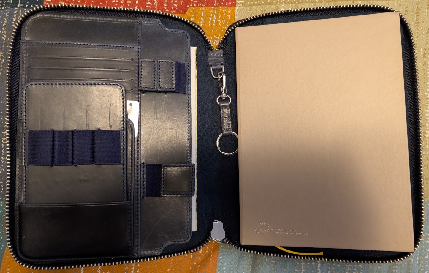 Photo of an open leather folio. It is dark blue and has a zipper closure. On the right side is a light brown hardcover notebook. A small bookmark ribbon is poking out of the bottom