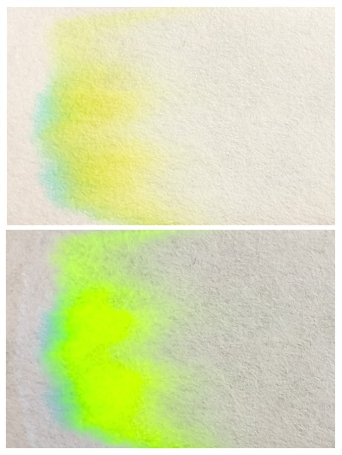 Two photo collage of a chromatography strip. In the top photo, the ink is yellow with light blue near the left edge. In the bottom photo it is under UV light and the ink is glowing bright yellow-green with some blue glow near the left edge.