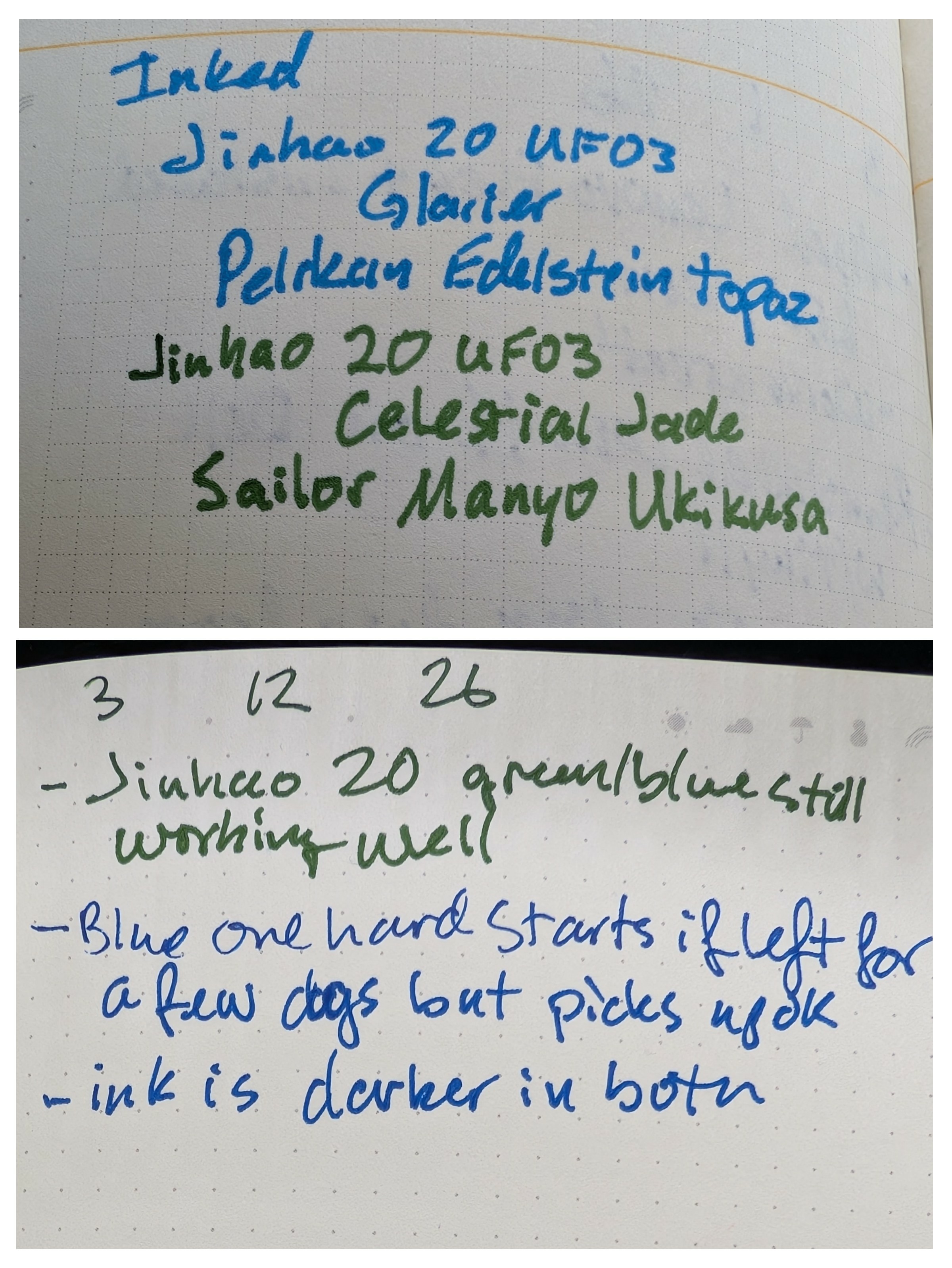 Photo collage of two writing samples, the contents of which are essentially the same as the text from earlier posts in this thread. The important thing is the contrast in color and width of the lines. The pens are the same, Jinhao 20 with UF/30 nibs. In the top photo, the blue ink is a light almost sky blue, the green is a medium green. Both lines are quite wide, looking more like an M nib or even wider. In the bottom photo, the blue ink is a medium blue, the green is more of a forest green. The lines are much narrower, more fitting for EF/UF nibs.