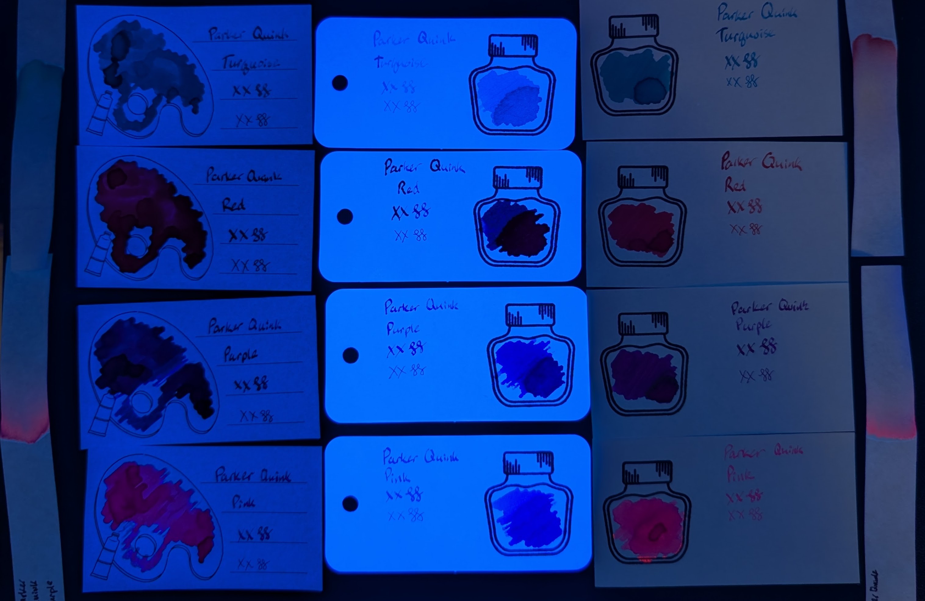 Photo of swatch cards and chromatography strips for four inks under ultraviolet light. Same setup as the previous image. The image has a slight blue cast. Iroful cards are glowing slightly blue, col-o-ring cards are glowing brightly blue, Midori cards have only a slight change in color. From top to bottom the inks are: - Parker Quink Turquoise: No noticeable change from natural light - Parker Quink Red: No major change from natural light on Midori or Iroful. Col-o-ring now appears purple, likely due to glow of the paper. - Parker Quink Purple: Iroful has no major changes, Col-o-ring appears blue, on Midori the swatch has some glow behind it, making it more fuchsia in places. - Parker Quink Pink: Midori is glowing bright pink, Iroful is also glowing pink but not as brightly, col-o-ring looks blue(?)