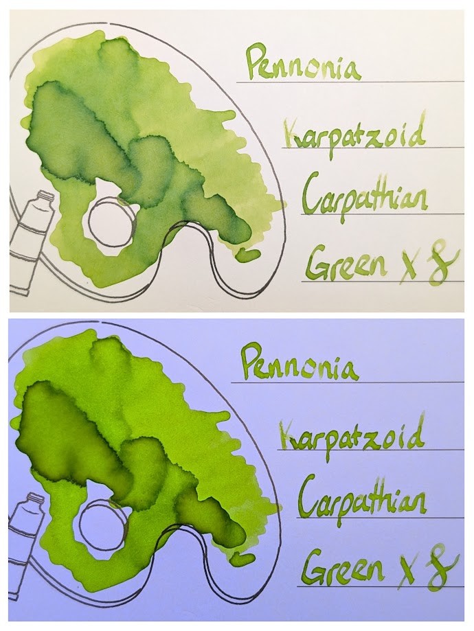 Two photo collage of an Iroful swatch card with a line drawing of a paint pallet. In both photos, there is a blob of ink inside the drawing with some areas being slightly darker where more ink settled. On the right is text reading "Pennonia Karpatzoid Carpathian Green," followed by an "X" and a curlicue. In the top photo, the ink is a light-ish green, similar to the color of grass or other lighter plant leaves. In the bottom photo it is under UV light and the ink is the same general color but glowing more intensely.