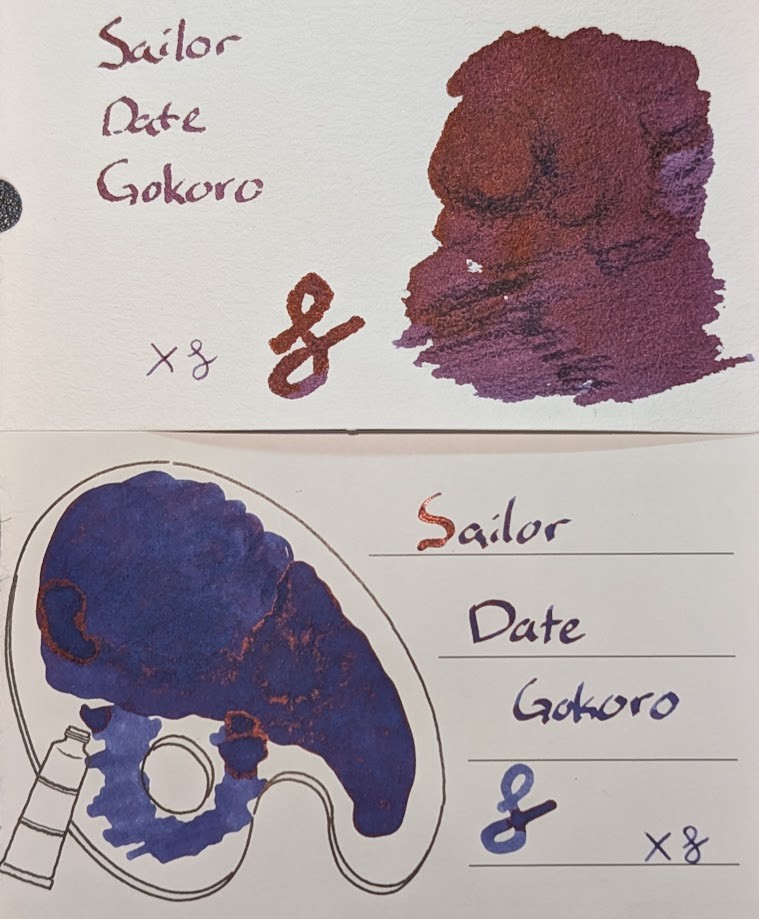 Photo of two ink swatch cards. Both cards have text reading "Sailor Date Gokoro", a couple pen scratches, and large blobs of ink made with the back end of a glass dip pen. The top card is a col-o-ring card. On this paper the ink appears to be a dark red/purple with some reflective sheen overall. The bottom card is an Iroful swatch card. It has an image of an artist's palette and the ink blob is inside the design. On this paper, the ink looks like a midnight blue/purple with some red sheen in places where more ink has settled.