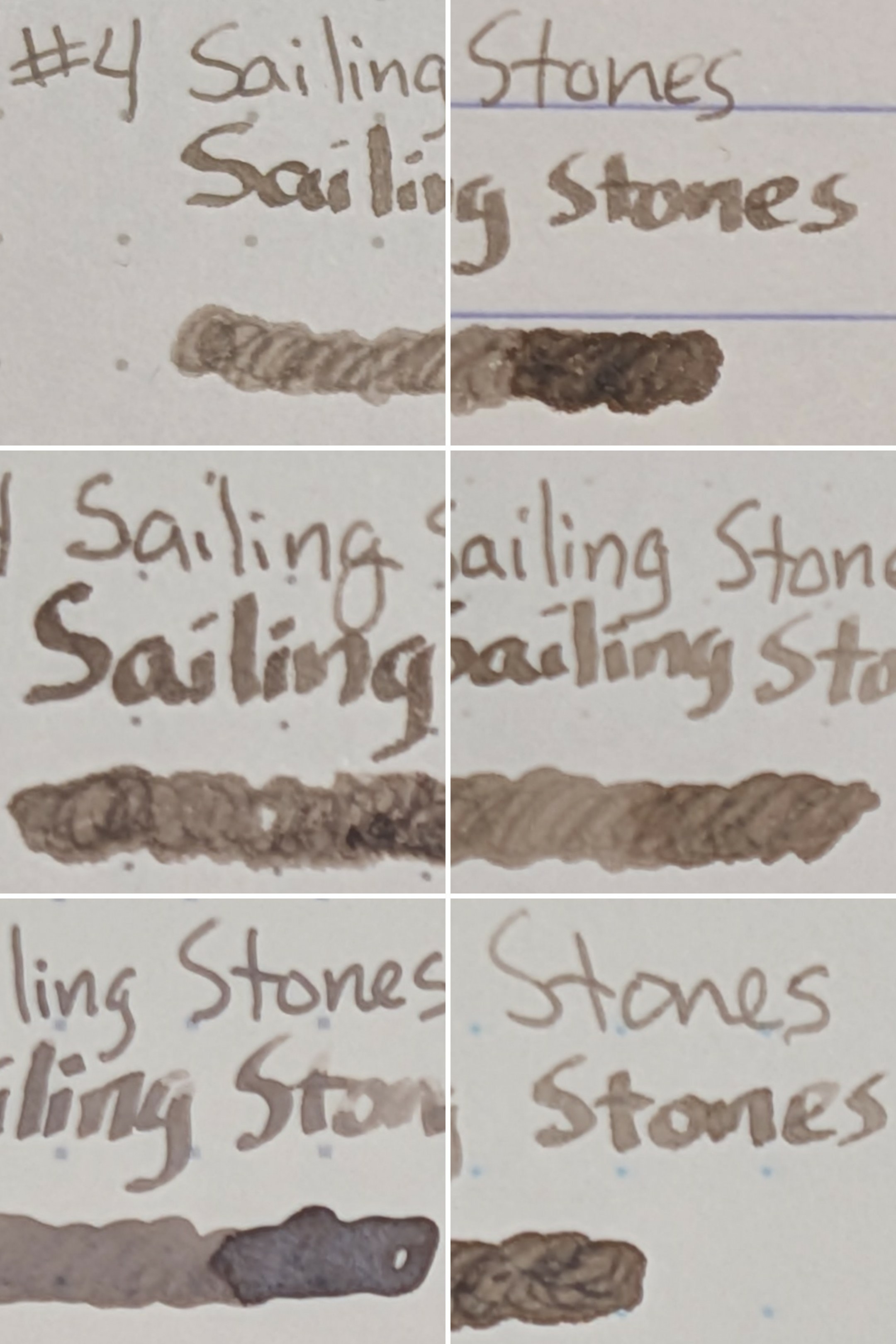 Collage of six photos of text on paper. Each photo consists of: - "Sailing Stones" written with an EF nib - "Sailing Stones" written with a stub nib - A swirl of ink made with a glass dip pen The ink color is the same for all: Light brown/tan with some darker brown shading where ink has pooled. From the top left, the papers are: - Maruman Mnemosyne - Clairefontaine Triomphe - Paperage Notebook - Tomoe River S Kanso - Iroful Notebook - Midori MD Notebook