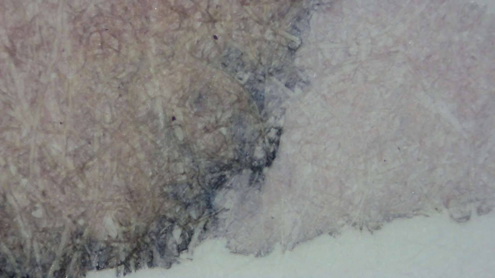 Photo of ink blob on paper under magnification. Paper fibers are visible. The ink is gray with some areas very light, and others darker. Around the edges of the dark areas it appears more brown. In the center of the darker area is appears more pinkish. Near the boundary of the dark area it appears blue.