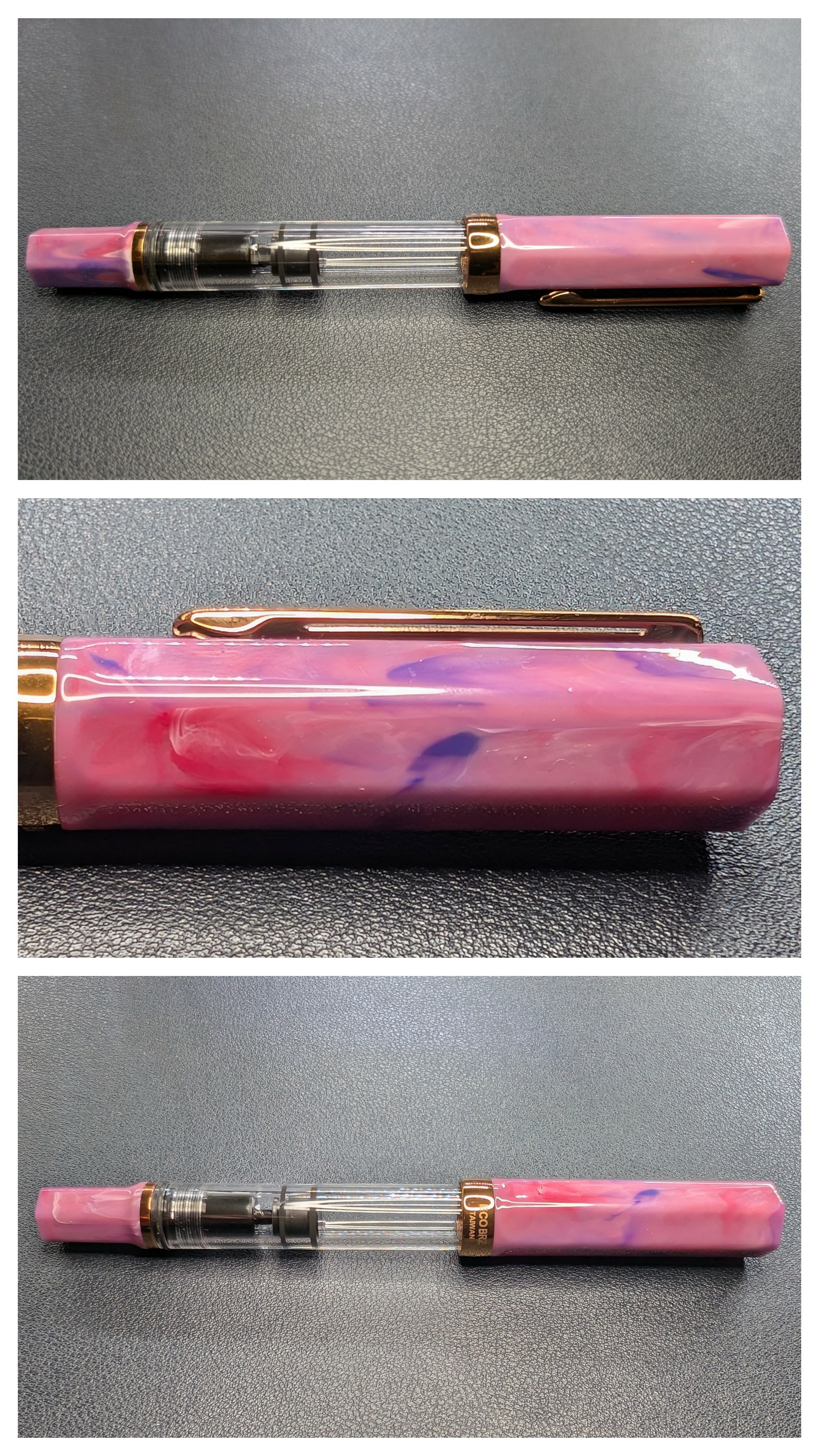 Three-photo collage of a TWSBI ECO Fountain pen. The top and bottom photos show the whole pen and the middle photo is focused on the cap. The cap and piston knob are a marbled mixture of pinks, purples, reds, and some white. There are small areas of very dark purple and red. The accents are bronze.
