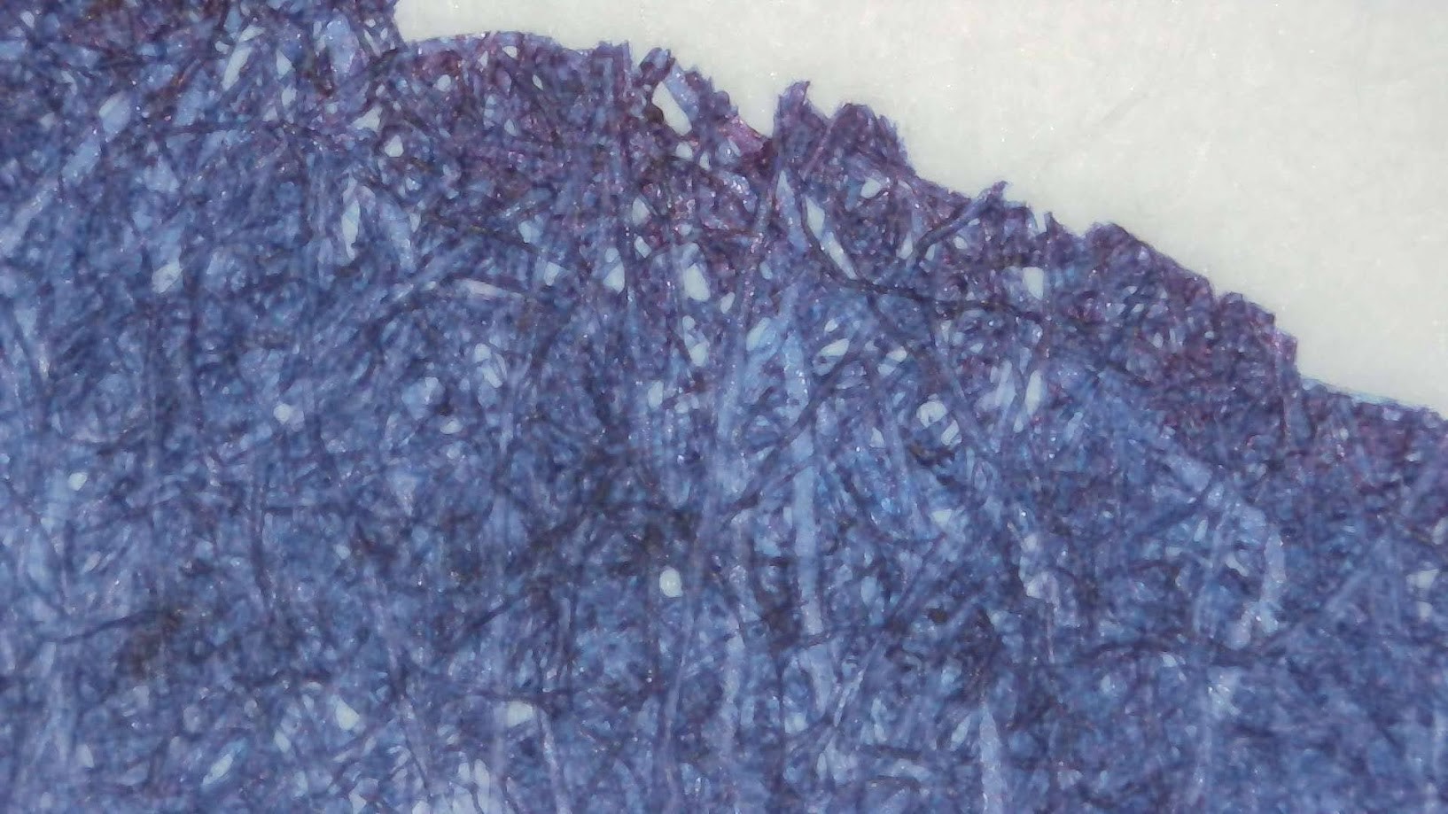 Photo of an ink blob under microscope. Paper fibers are visible, colored by dark blue-gray ink. There is a small hint of purple and perhaps a tiny amount of sheen near the edge.