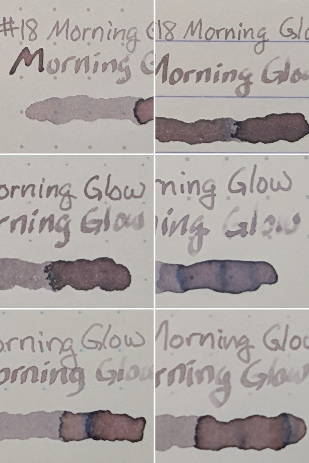 Collage of six photos of text on paper. Each photo consists of: - "Morning Glow" written with an EF nib - "Morning Glow" written with a stub nib - A swirl of ink made with a glass dip pen The ink color is the same for all, gray with some much darker areas were more ink settled on the paper. On some areas the shading appears to have a reddish tint, others are bluish, some are brown. From the top left, the papers are: - Maruman Mnemosyne - Clairefontaine Triomphe - Paperage Notebook - Iroful Notebook - Midori MD Notebook - Tomoe River S Kanso