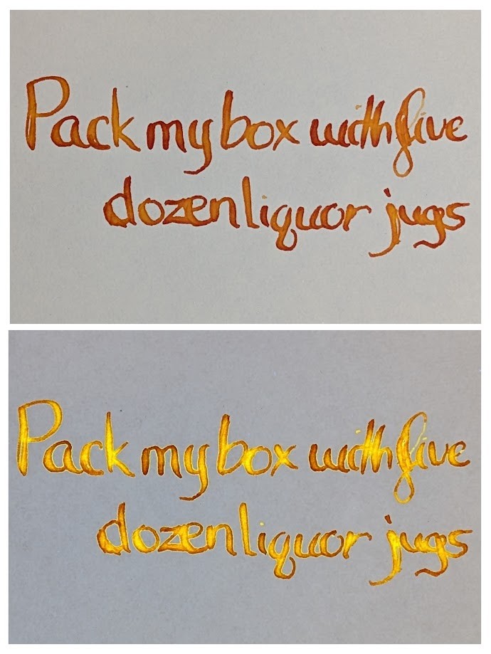 Two-photo collage of the same writing sample in two different lights. The writing sample reads "Pack my box with five dozen liquor jugs" with a lot of variation in line width. Top sample is in natural light and the ink appears dark orange with some areas even darker. Bottom sample is under UV light and most of the ink is flowing bright yellow-orange, the areas which were darker in the top photo are not flowing as brightly.