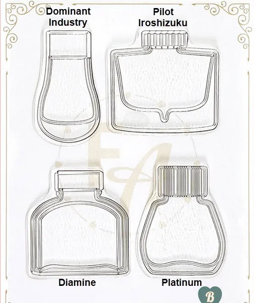 Four ink bottle outline stamps arranged in a two-by-two layout. The sheet is labeled "B". The top left is labeled "Dominant industry" and is a skinny bottle with a slightly wider rounded bottom. The top right is labeled "Pilot Iroshizuku" and is a wide rectangle. The bottom left is labeled "Diamine" and has a squared bottom and rounded top shoulders. The bottom right is labeled "Platinum" and has slightly wider angular sides on the bottom end.