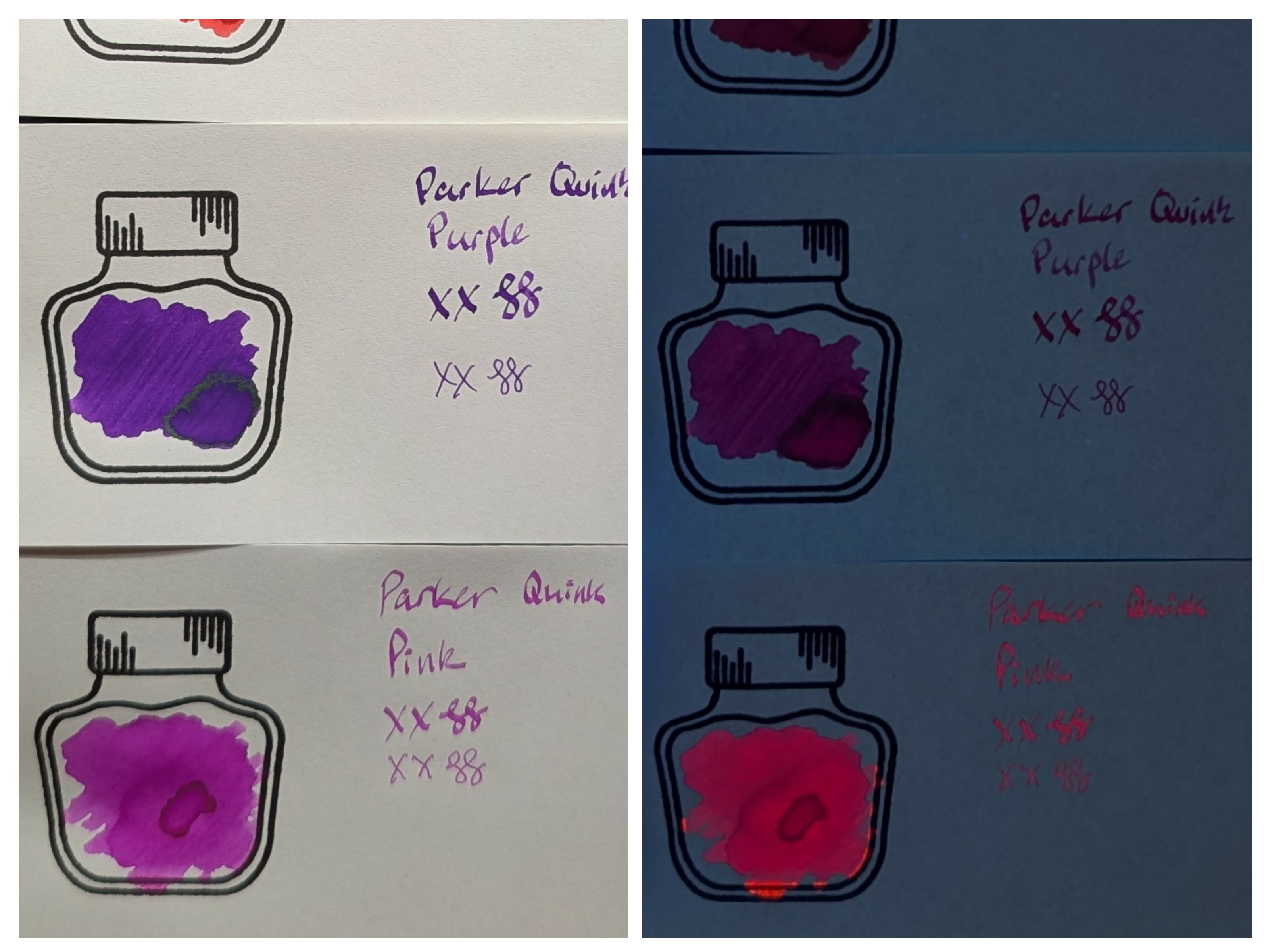 Close-up of Midori swatch cards for the Purple and Pink inks in natural and UV light better demonstrating their differences. - Parker Quink Purple: Changes from purple to glowing dark fuchsia - Parker Quink Pink: Changes from fuchsia to brightly glowing pink.