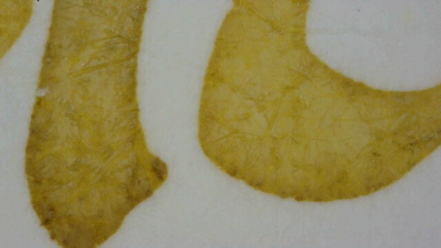 Photo of ink lines on Iroful paper under magnification. The ink is dark yellow-gray,  lighter toward the center of the line and darker at the edges. The edges of the lines are smooth.