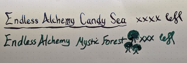 Writing sample on dot grid paper  First line reads "Endless Alchemy Candy Sea" followed by four "x" shapes and some swirls. The text is underlined with a variable-width line. The ink appears to be a dark blue color.  Second line reads "Endless Alchemy Mystic Forest" followed by three trees, four "x" shapes, and some swirls. The ink appears to be a dark green color.