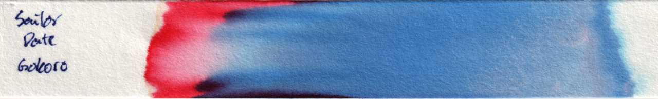 Scan of chromatography paper. It has some purple around the edges and in the transition area between red and blue.