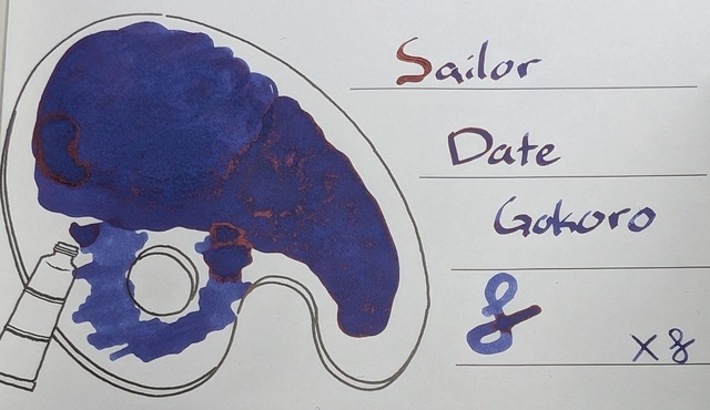 Swatch card reading "Sailor Date Gokoro", a couple pen scratches, and large blobs of ink made with the back end of a glass dip pen. On this paper, the ink looks like a midnight blue/purple with some red sheen in places where more ink has settled.