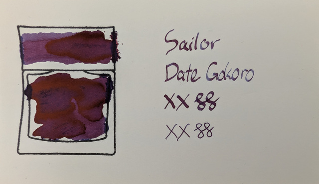 Swatch card reading "Sailor Date Gokoro", a couple pen scratches, and large blobs of ink made with the back end of a glass dip pen.