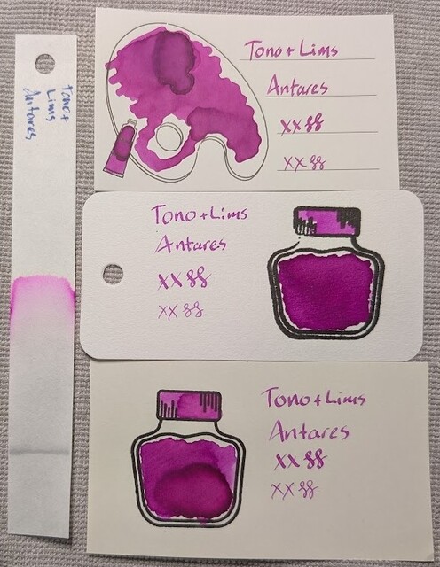 Photo of 3 ink swatches & chromatography strip for Tono + Lims - Star Light Series: Antares, which is a fluorescent magenta/fuchsia ink.  Each swatch contains the ink name followed by "XX" 2 curlicues in both stub and EF nib widths.  Swatch 1: Iroful swatch card with an outline of a paint palette and tube. The palette is mostly filled in with swirls of fuchsia ink, a few areas are somewhat darker with even darker edges. There is an outline of a paint tube which is swabbed and looks similar. The writing is the same color as most of the palette.  Swatch 2: Col-o-ring swatch card with a stamped outline of an ink bottle. The outlined area is mostly full of an ink blob which is darker magenta and fairly even, some vague areas are darker, but no distinct lines. Swab across "cap" looks lighter and more fuchsia. The writing samples look more pinkish than Iroful.  Swatch 3: Midori MD swatch card with a stamped outline of an ink bottle. The outlined area is mostly full of an ink blob which is darker magenta at the bottom and fuchsia at the top. Swab across "cap" is similar. The text is darker and more magenta.  Chromatography starts at a gray line and then stays mostly gray until near the end where it separates into bright magenta near the edge.