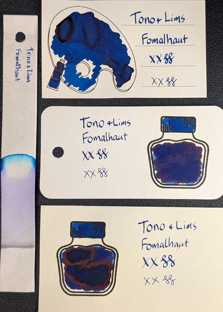 Photo of 3 ink swatches & chromatography strip for {ink name} which is a dark blue colored ink with red sheen.  Each swatch contains the ink name followed by "XX" 2 curlicues in both stub and EF widths.  Swatch 1: Iroful swatch card with an outline of a paint palette and tube. The palette is mostly filled in with swirls of ink, some areas are a darker blue shade outlined in rings of red sheen. There is an outline of a paint tube which is swabbed and looks similar, but with no visible sheen. The writing is dark blue and very even with almost no visible shading.  Swatch 2: Col-o-ring swatch card with a stamped outline of an ink bottle. The outlined area is mostly full of an ink blob which is very dark blue, with a couple small protrusions around the edge that are lighter blue. Red sheen is somewhat evenly spread on the darkest area. Swab across "cap" starts lighter blue then goes darker. The writing sample is dark blue and fairly even with rough edges.  Swatch 3: Midori MD swatch card with a stamped outline of an ink bottle. The outlined area is mostly full of an ink blob which is dark blue, some areas even darker outlined in red sheen. A couple areas around the edge are a lighter blue. Swab across "cap" is lighter blue on the left and darker on the right. Text is dark blue and even with a little visible shading.  Chromatography starts with a gray line then changes to lavender for a large portion, then a small area of clear and then the leading edge is blue.