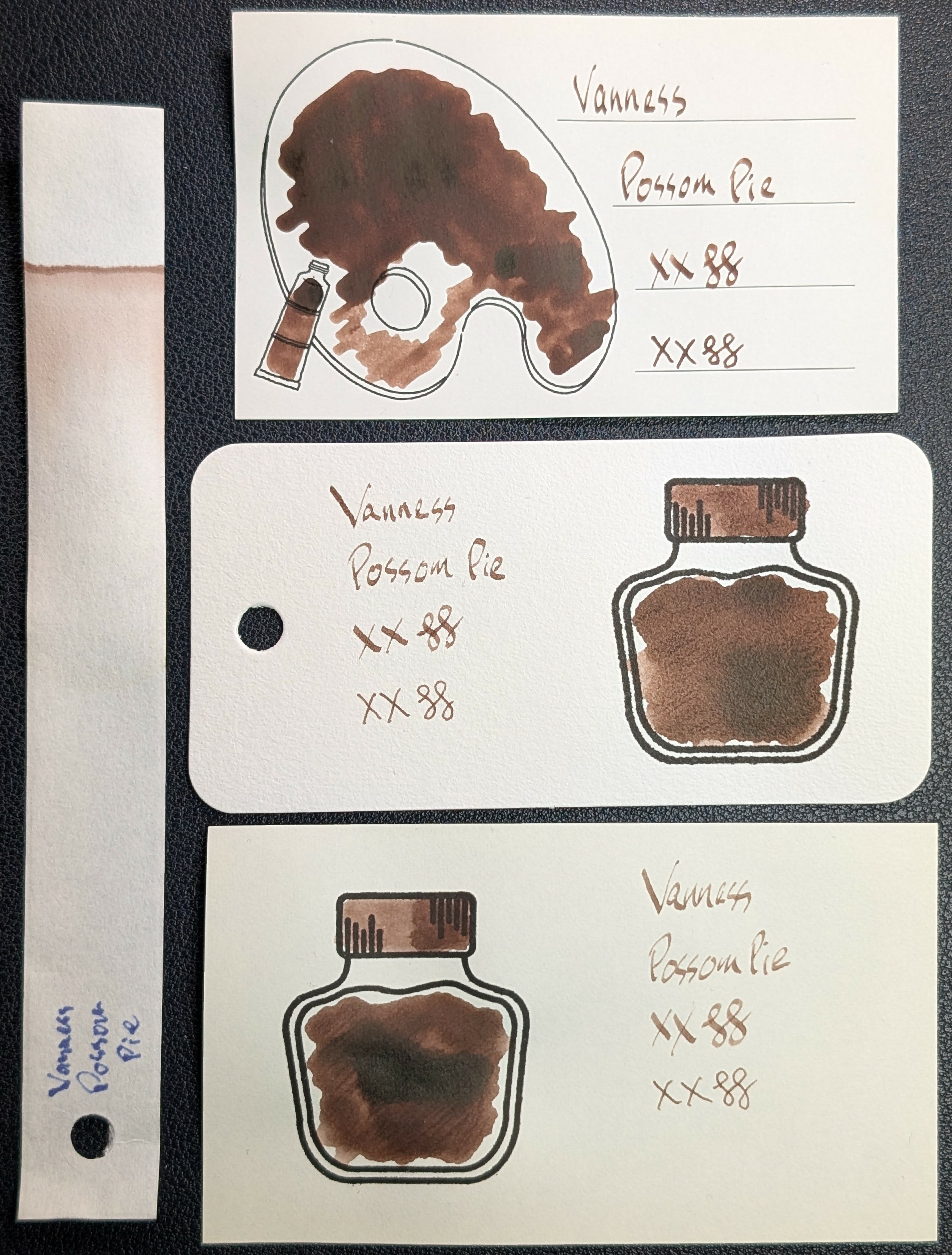 Photo of 3 ink swatches & chromatography strip for Vanness Possum Pie which is a dark brown/sienna colored ink with some shading and a some sheen only in large swatches. Each swatch contains the ink name followed by "XX" 2 curlicues in both stub and EF widths. Swatch 1: Iroful swatch card with an outline of a paint palette and tube. The palette is mostly filled in with swirls of ink with one area in the lower left being lighter. There is an outline of a paint tube which is swabbed and looks similar. The writing is evenly brown with thin, but dark and legible lines. Swatch 2: Col-o-ring swatch card with a stamped outline of an ink bottle. The outlined area is mostly full of an ink blob which is dark overall with some even darker areas. Swab across "cap" is similar. The writing sample is very thin in some places, a little harder to read than Iroful. Swatch 3: Midori MD swatch card with a stamped outline of an ink bottle. The outlined area is mostly full of an ink blob which is dark with a darker area in the middle. Swab across "cap" is similar. Text is thin and legible, but still not as good as Iroful. Chromatography starts at a dark brown line which gradually fades out and doesn't change.